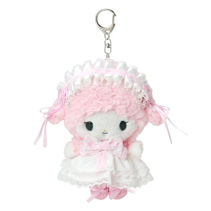 Keychain of My Sweet Piano wearing a white dress and headpiece with charming lace details, delicate frills, and sweet pink touches. Hardware is silver.