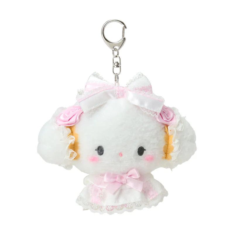 Keychain of Cogimyun wearing a white dress and bow with charming lace details, delicate frills, and sweet pink touches. Hardware is silver.