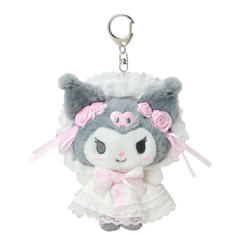 Keychain of Kuromi wearing a white dress and bonnet with charming lace details, delicate frills, and sweet pink touches. Hardware is silver.