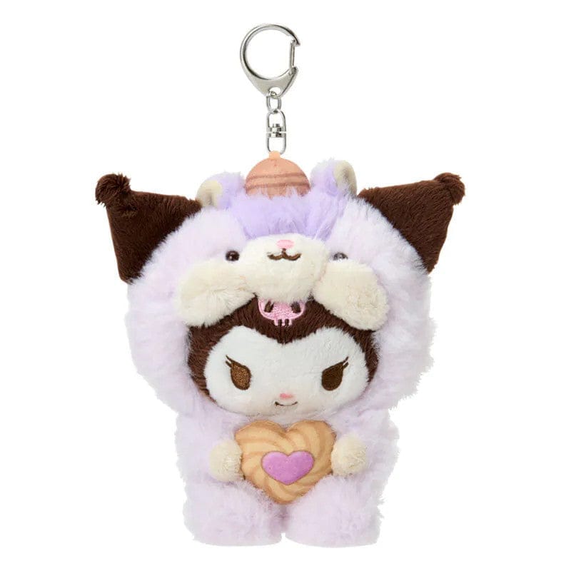 Plush keychain of Kuromi character in a purple squirrel outfit holding a heart-shaped nut treat. Has silver lobster clasp.