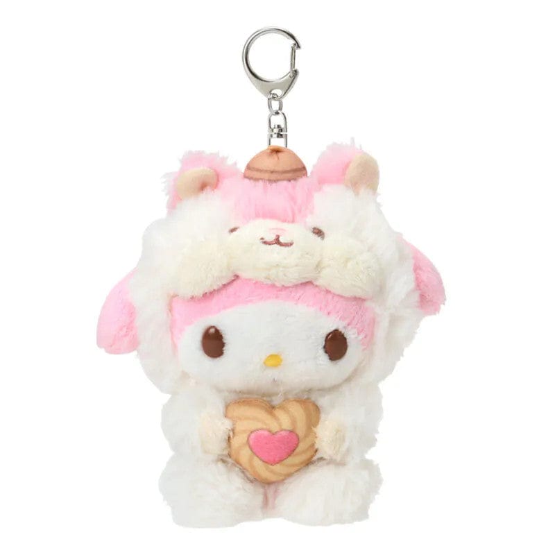 Plush keychain of My Melody bunny character in a pink squirrel outfit holding a heart-shaped nut treat. Has silver lobster clasp.