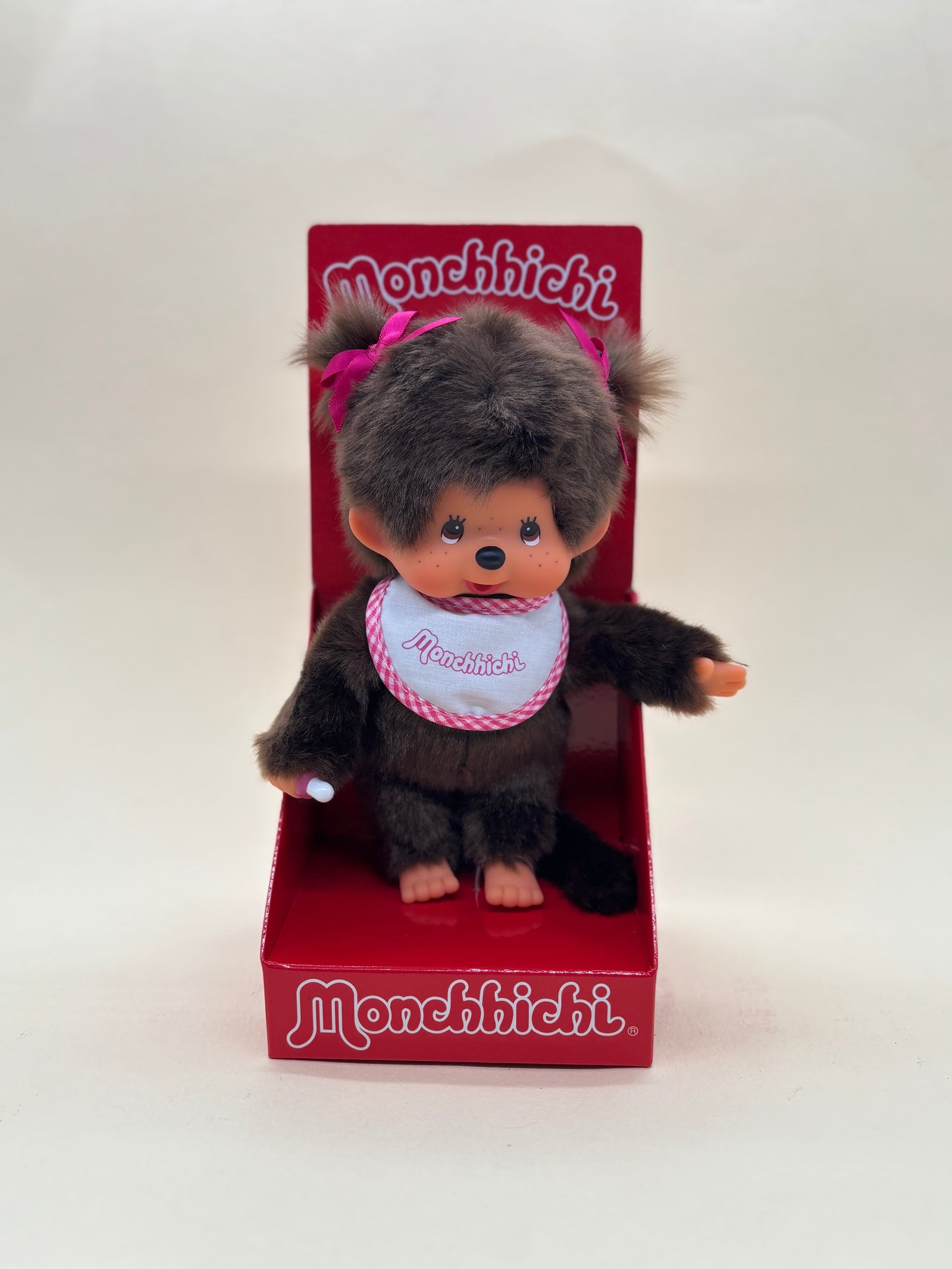 Classic Girl Monchhichi 8" Plush with White and Pink Bib