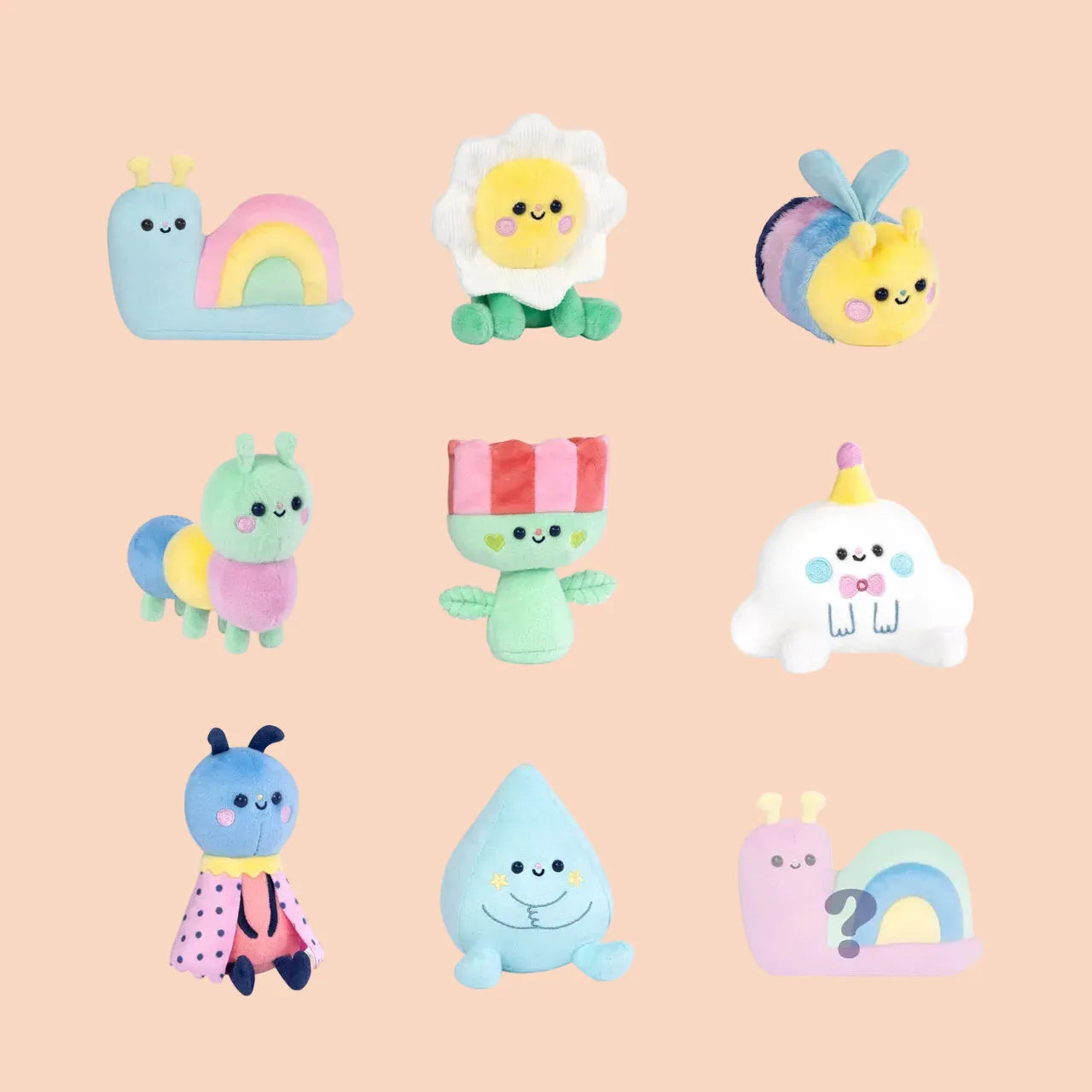 Various cute meadow themed plushies. There is a flower, a caterpillar, a cloud, and several others.