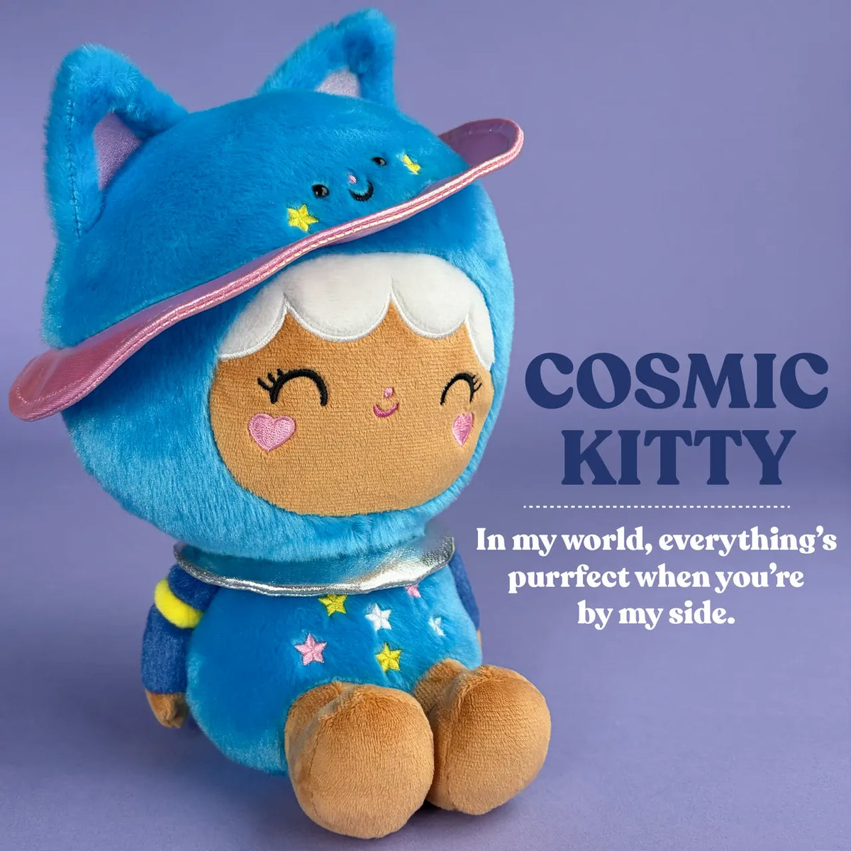 A cute plush of a girl in a blue, space themed, cat onesie. There is text reading "Cosmic Kitty. In my world, everything's purrfect when you're by my side."