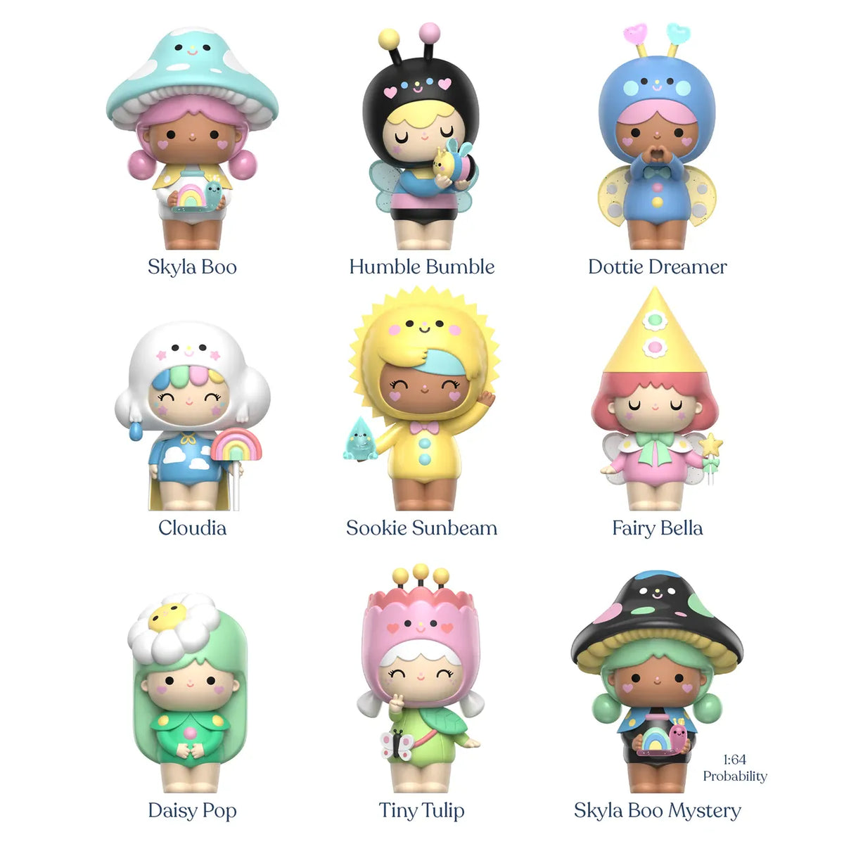 A collection of various meadow themed Momiji message doll figures. There is a girl with a mushroom hat, another dressed as a flower, and various others.