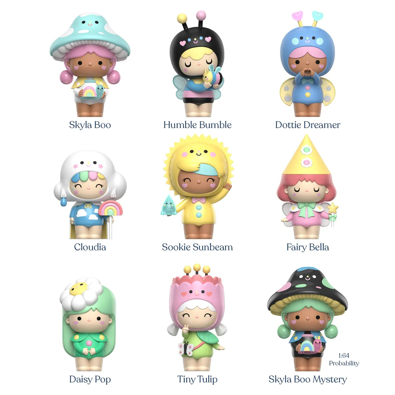 A collection of various meadow themed Momiji message doll figures. There is a girl with a mushroom hat, another dressed as a flower, and various others.