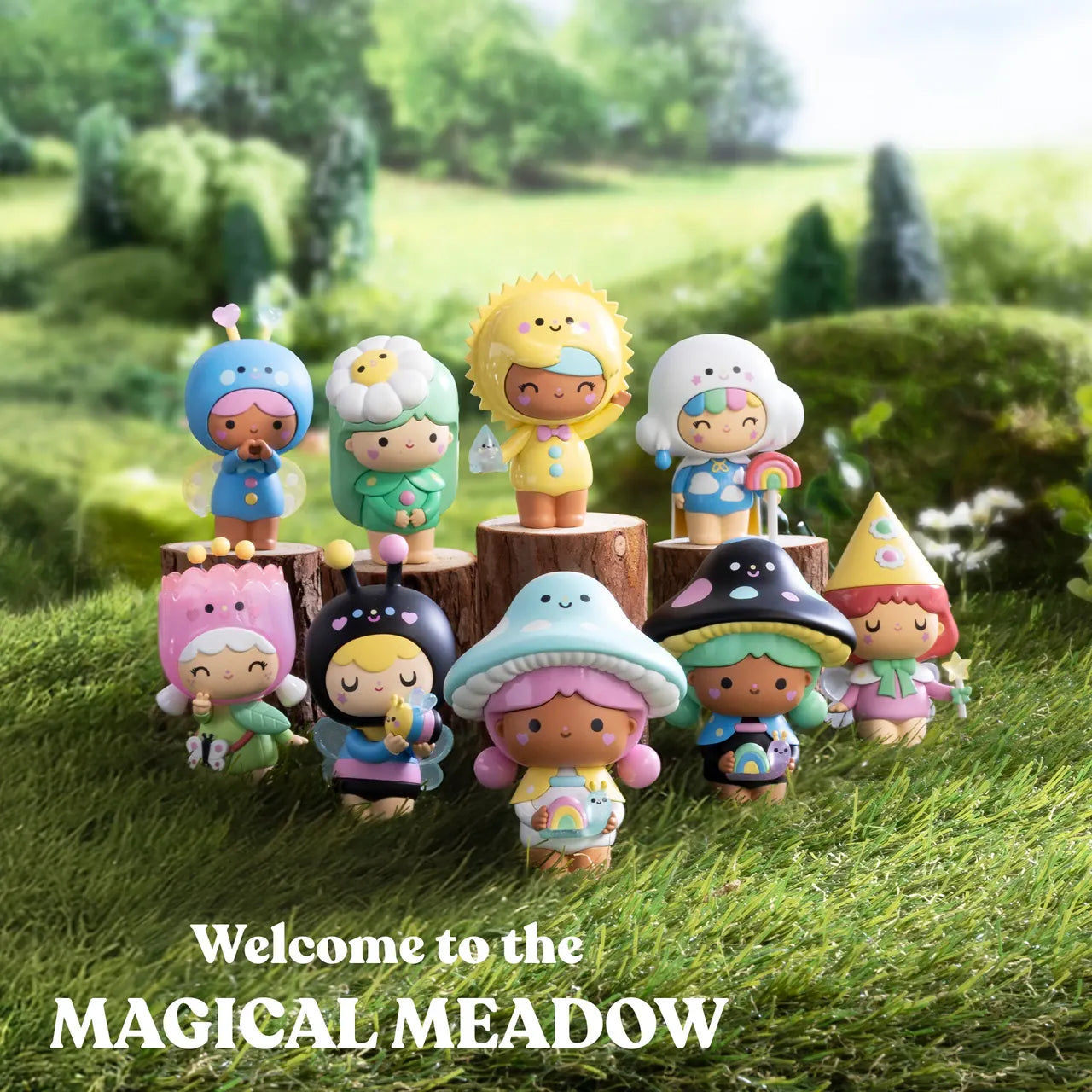 A collection of colorful meadow themed Momiji message dolls in a field. One has a black mushroom hat, another is dressed as a fairy, and various others.