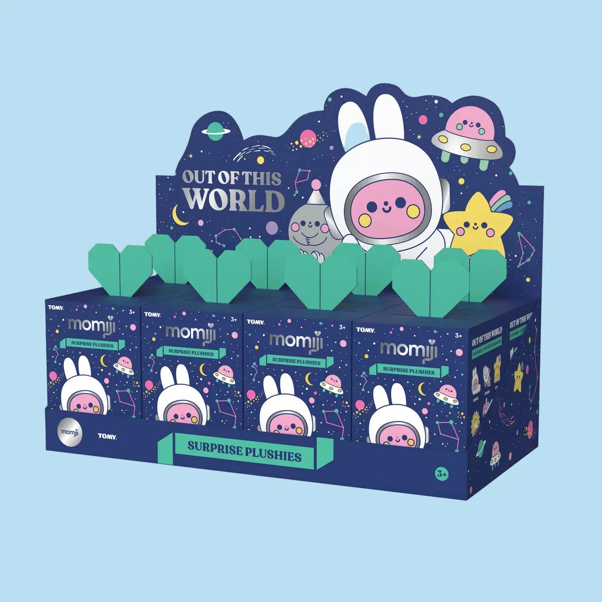 A collection of space themed Momiji, plush, blind boxes. There are cute space themed illustrations on the box such as a smiling star and a bunny in a space suit.