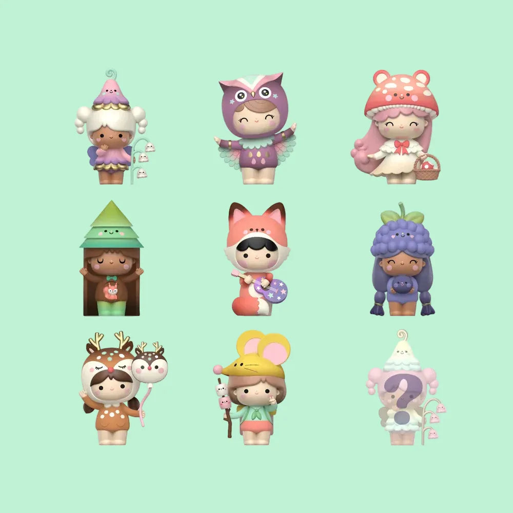 A collection of various cute figures wearing forest themed outfits. One has an owl costume, another has a mushroom hat, and a third is dressed like a fox.