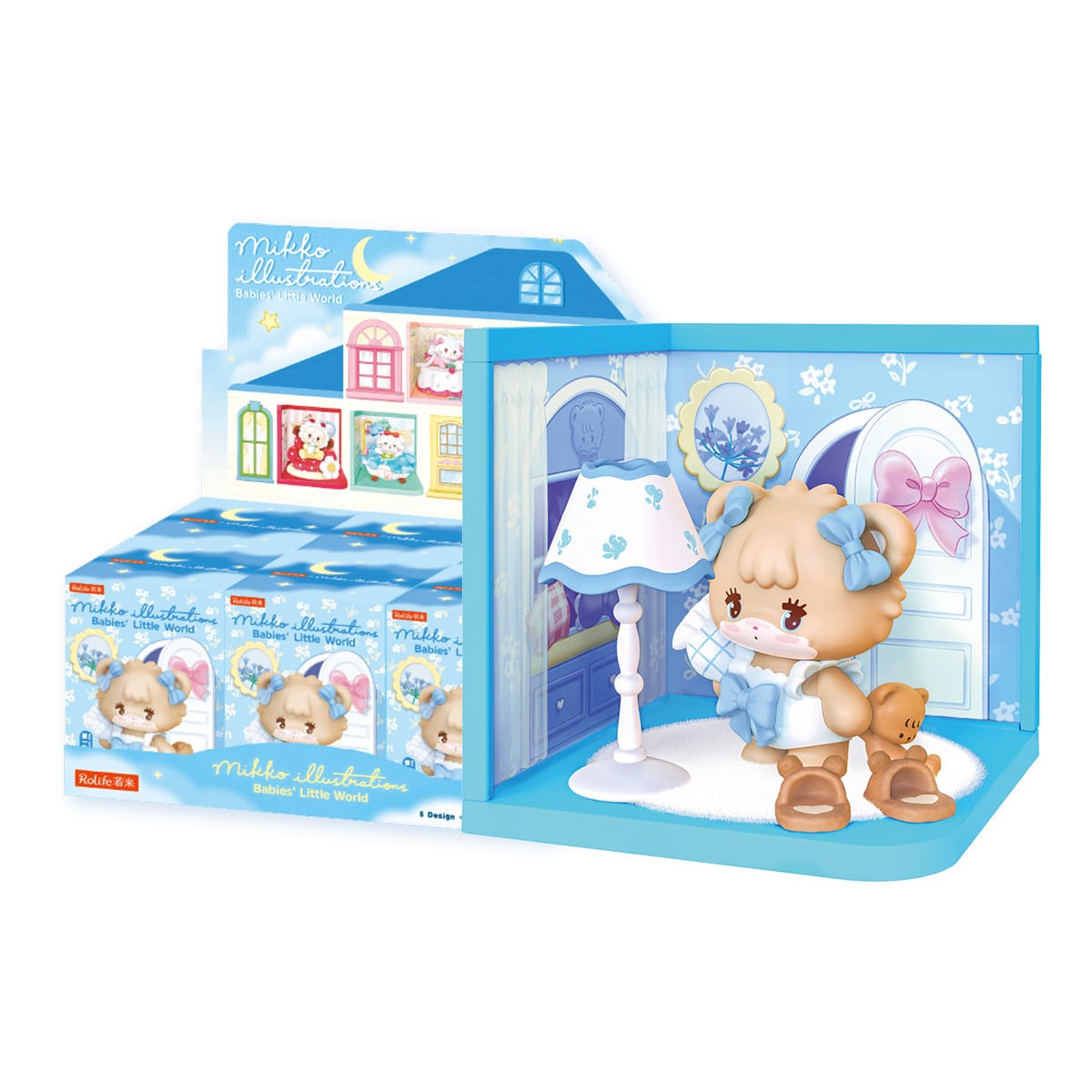 A figure of a little dog in a blue cardboard house. The dog is next to a many cardboard boxes with pictures of the figure on them.