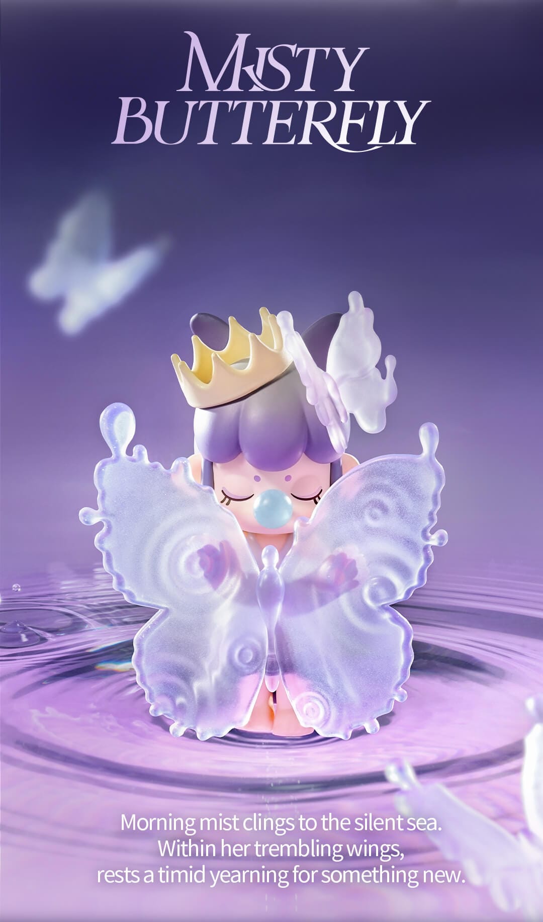 Nanci wears a crown and a translucent butterfly in her hair as she touches large butterfly wings