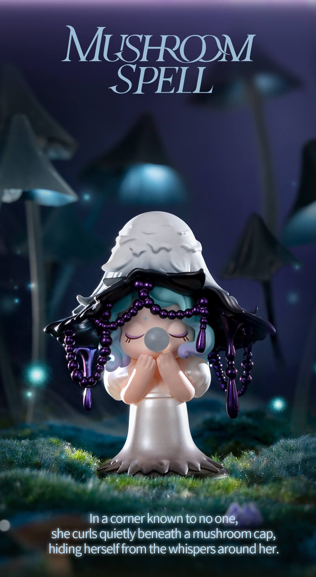 Nanci wears a large mushroom hat with dripping purple beads