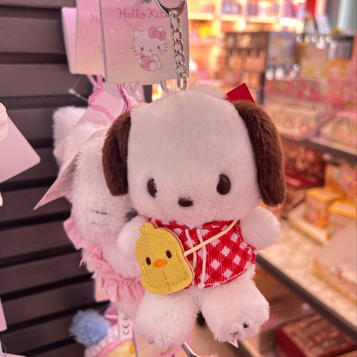 A Pochacco plush key chain. He is wearing a red sweater, and is holding a baby chick.