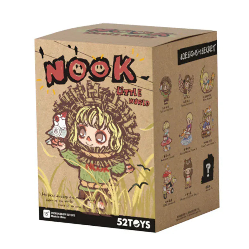 A blind box with an illustration of a cute scarecrow character on the front. There is also text reading "Nook little world.", on the box.