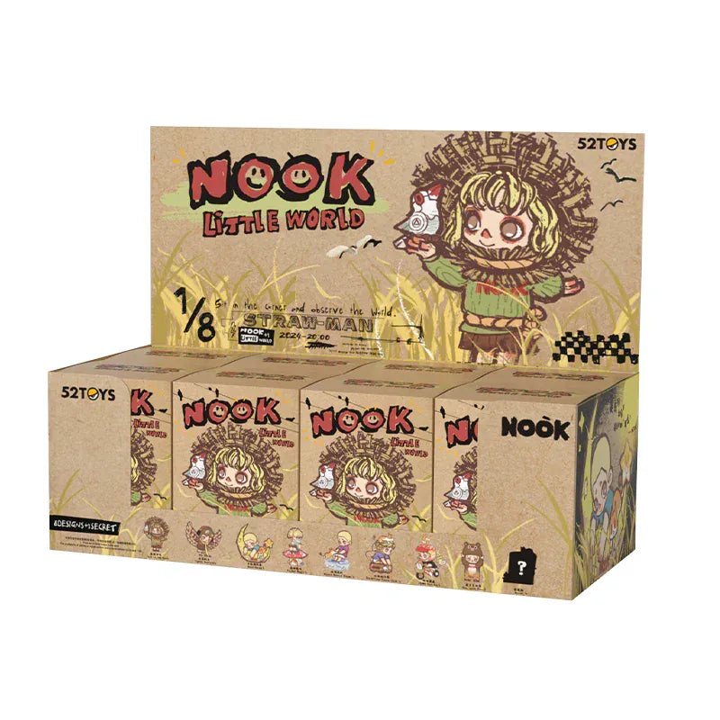 A case of Nook Little World blind boxes. There is a cute illustration of a scarecrow on the front.