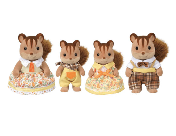 A family of little squirrel plushies. They are dressed in fall colors.