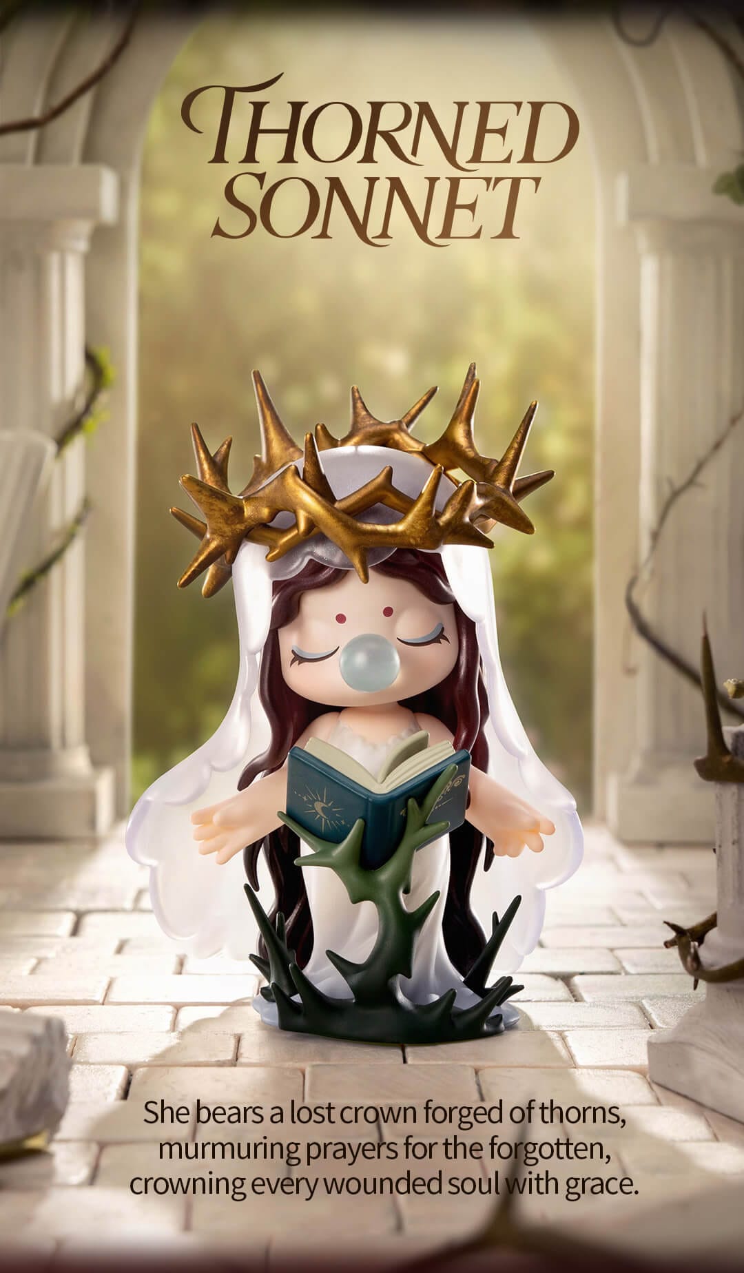 Nanci wears a white dress and veil held in place by a crown of golden thorns. More thorns hold her book for her. 