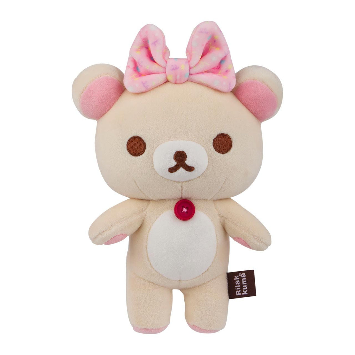 Front view of a bear plushie with a pink bow on its head, and a red button on its chest.