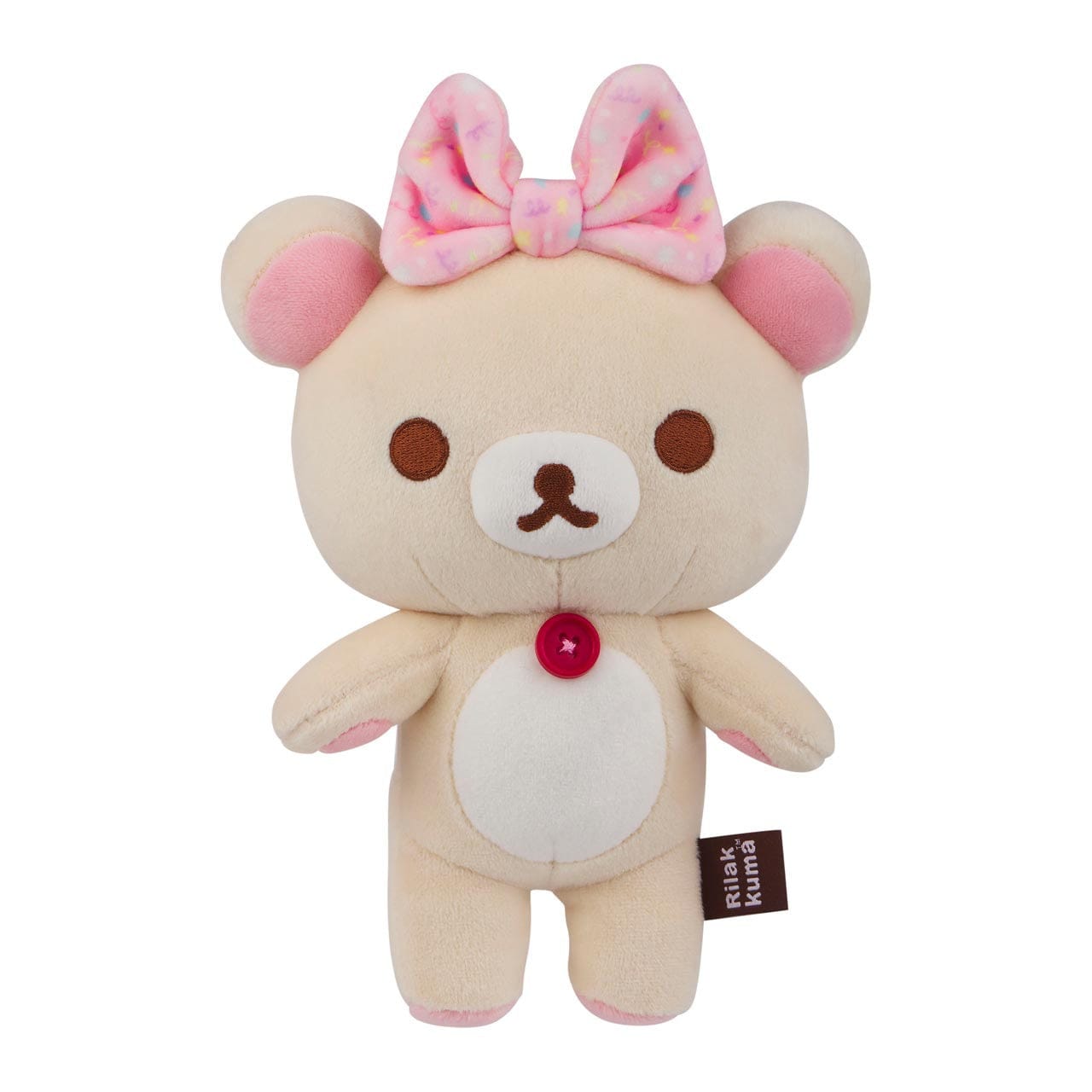 Front view of a bear plushie with a pink bow on its head, and a red button on its chest.