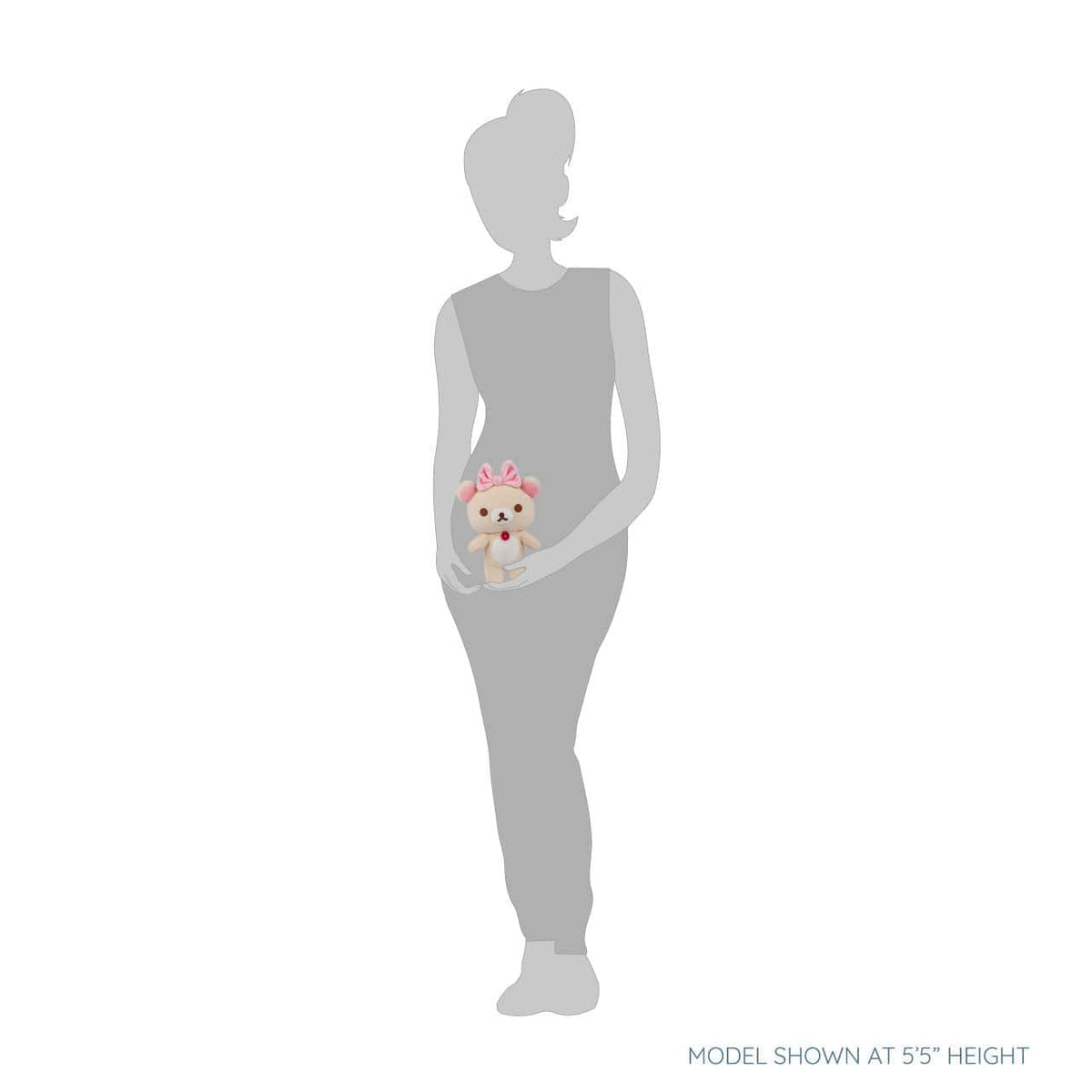 Graphic showing a drawing of a woman holding a bear plushie, which is roughly the size of her forearm.