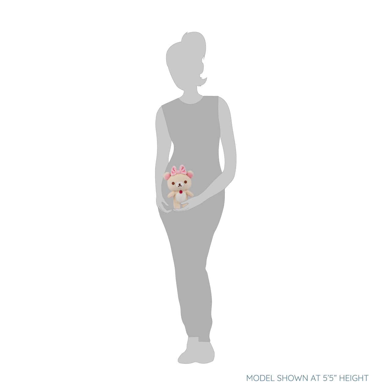 Graphic showing a drawing of a woman holding a bear plushie, which is roughly the size of her forearm.