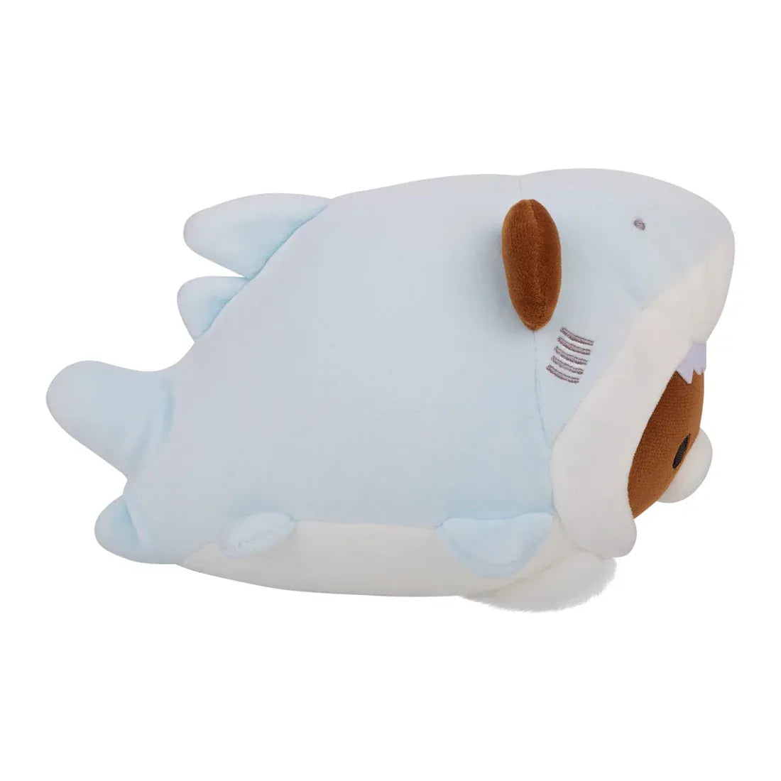 Picture of side of brown bear plush dressed in shark costume