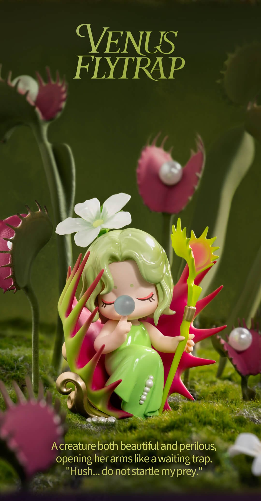 Nanci sits nestled in an open venus flytrap, holding her magical flytrap staff