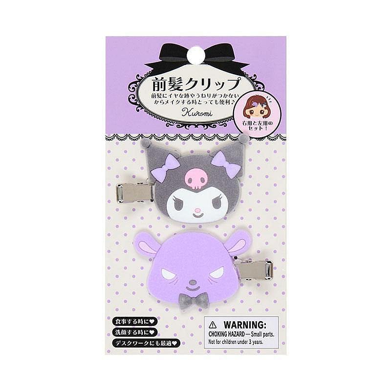 Kuromi Sanrio Flocky Hairclip Set showing two hair clips with fuzzy texture, featuring Kuromi and Baku characters