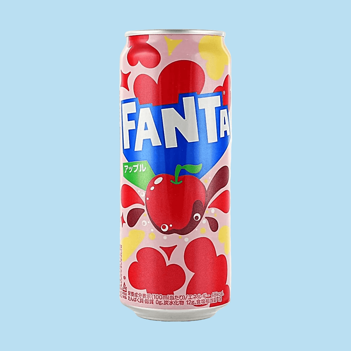 A can of apple Fanta. There is an illustration of a bright red apple on the front.