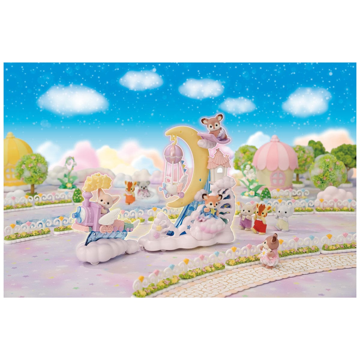 An example of using the toy set with other figures not included. The train has a baby in it pulling the moon float that is holding two other babies. Four babies watch the parade going by. 