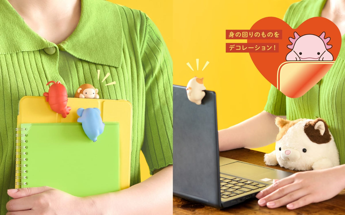 Two images side by side. The first shows a woman holding an ipad and a notebook with various animal hippers attached to them, and the second shows the same woman at a laptop with a cat hipper attached to it.