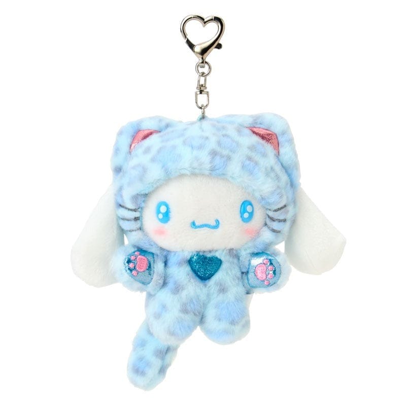 A cute plush of a rabbit wearing a blue cat onesie. The onesie has pink paw pads.