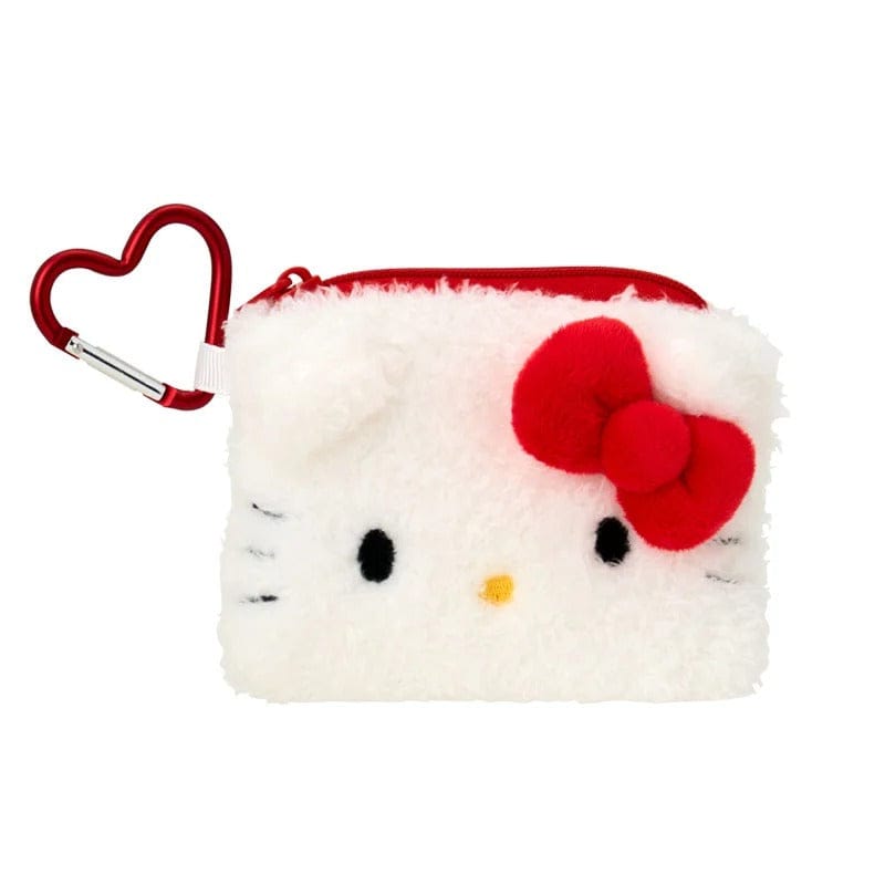 Hello Kitty mini flat pouch with white fluffy texture and embroidered Sanrio character face on front.