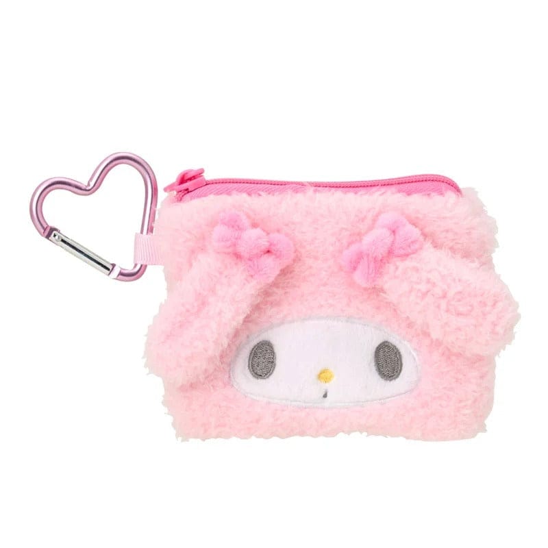 My Melody mini flat pouch with pastel pink fluffy texture and embroidered Sanrio character face on front.