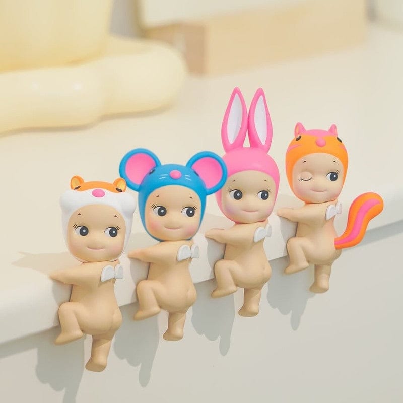 Three Regular Sonny Angel Looking Back Hippers- Hamster, Mouse, and Rabbit plus the Secret design- Squirrel