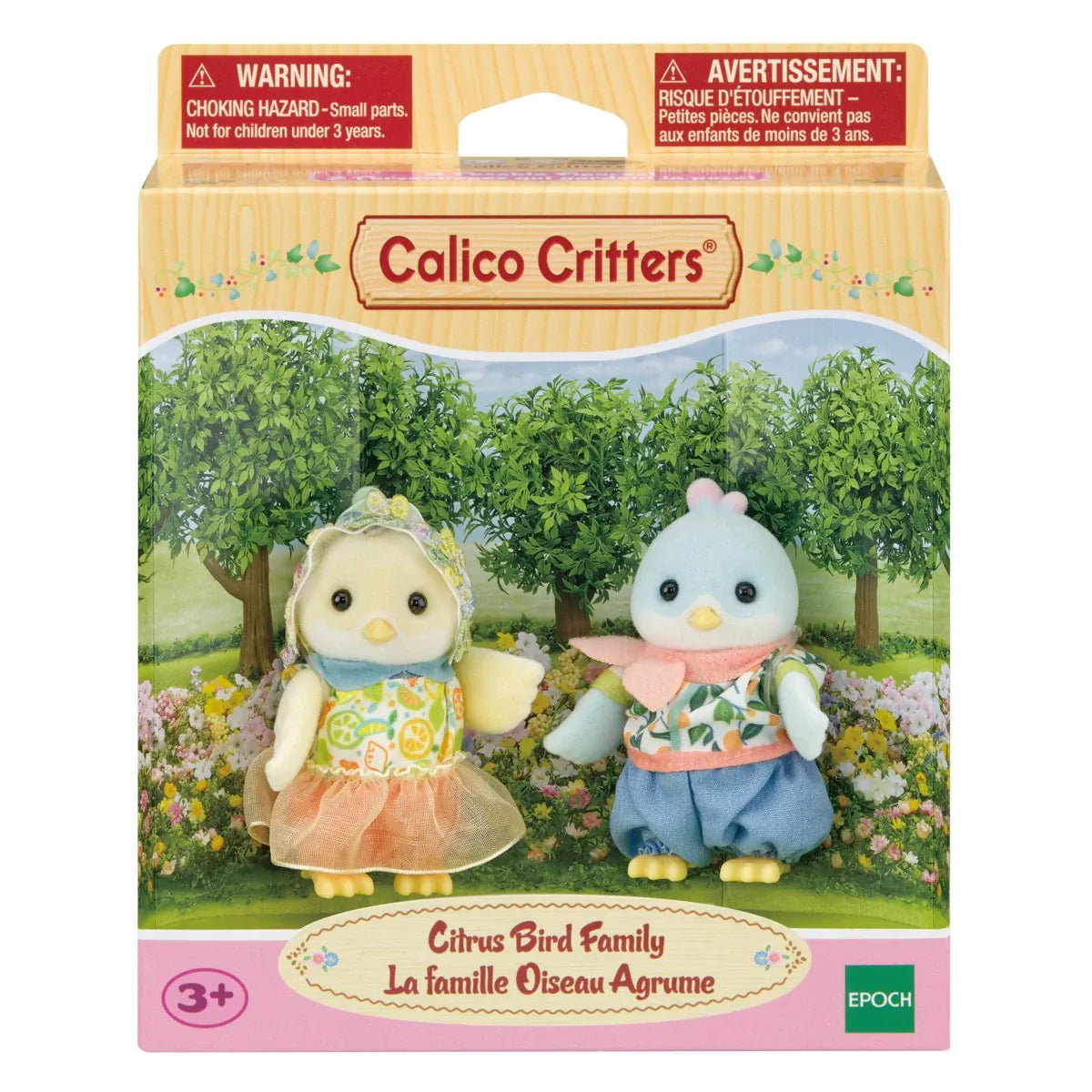 A box with two little anthropomorphic birds. One is wearing a bonnet and a skirt while the other has pants and a bandana.