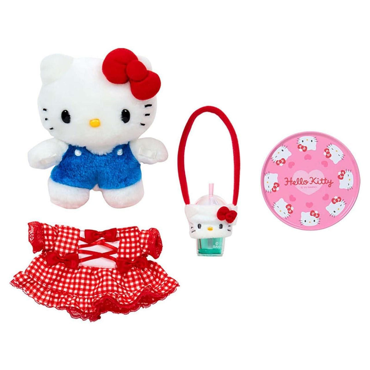 A Hello Kitty plush doll with various accessories such as a small plastic cup.