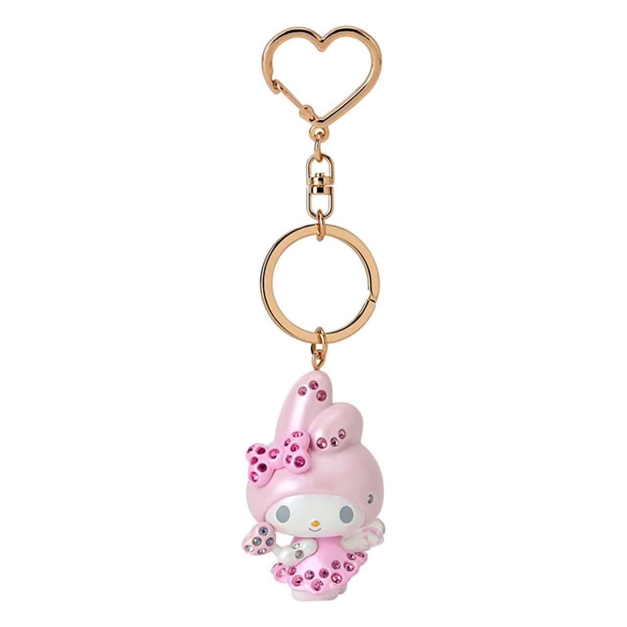 Gold hardware keychain with heart-shaped clasp featuring molded My Melody figure as an angel encrusted with rhinestones