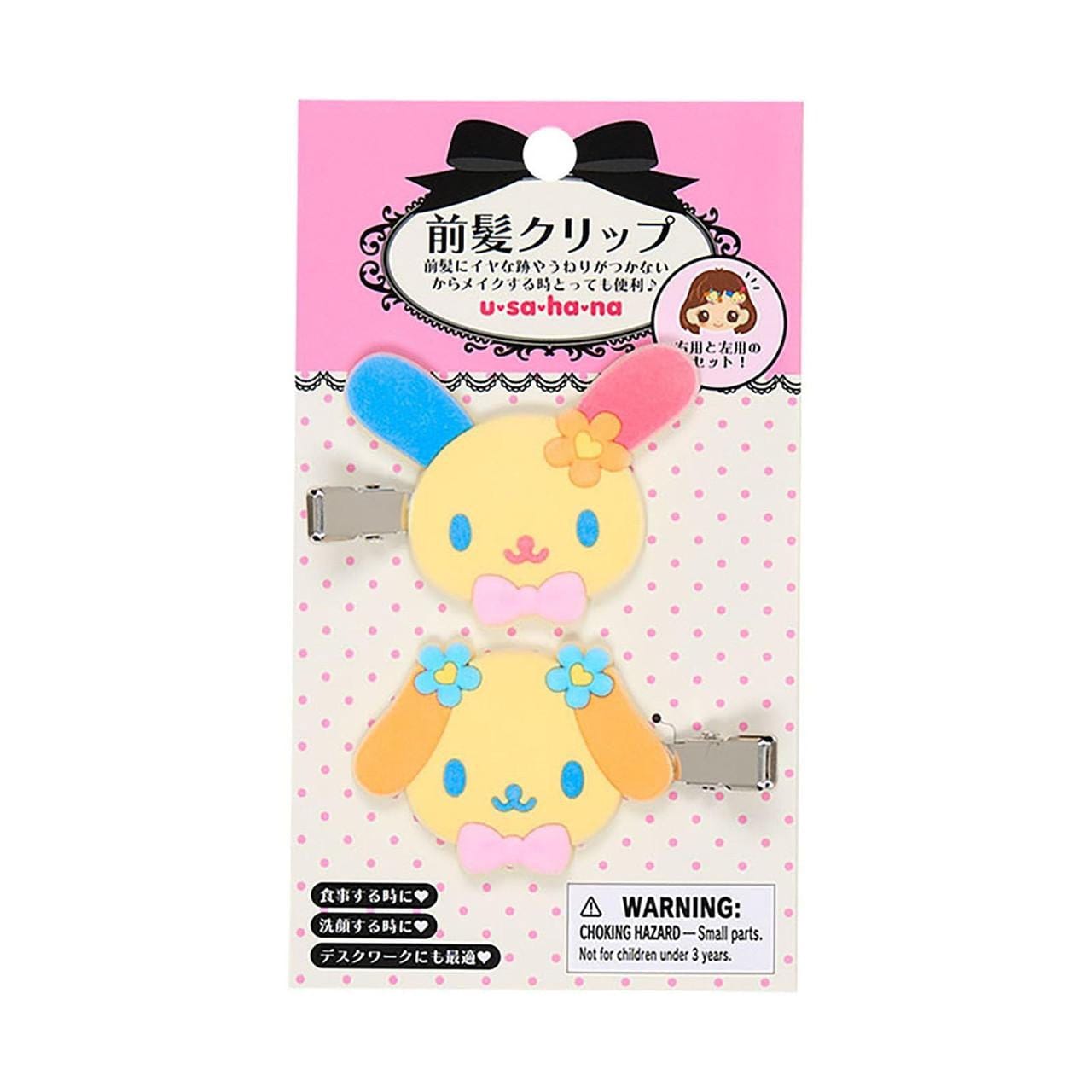 Sanrio bangs hair clips set with right and left facing character design of Usahana and Wanwan-chan