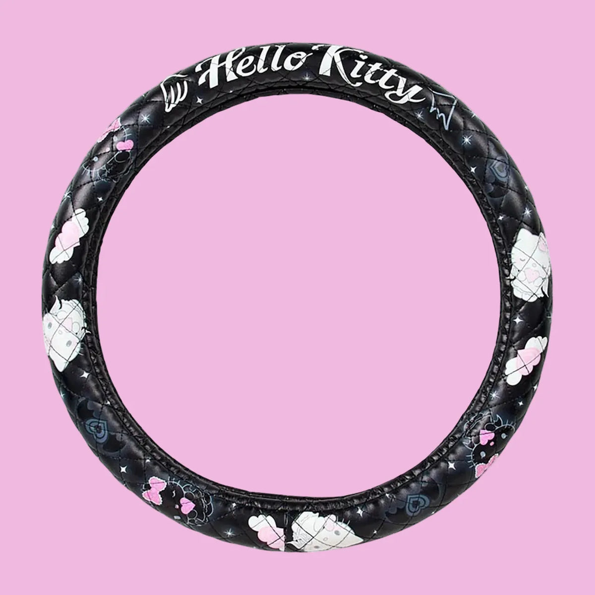 A black cover for a steering wheel with illustrations of Hello Kitty on it.