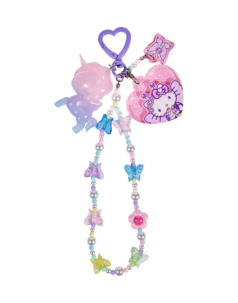 Colorful charm with butterflies, a unicorn pendant, and heart shaped hello kitty pendant.