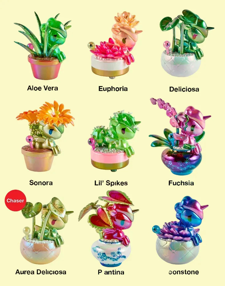A collection of various Tokidoki chrome botanical plant with a unicorns sitting in the plants.