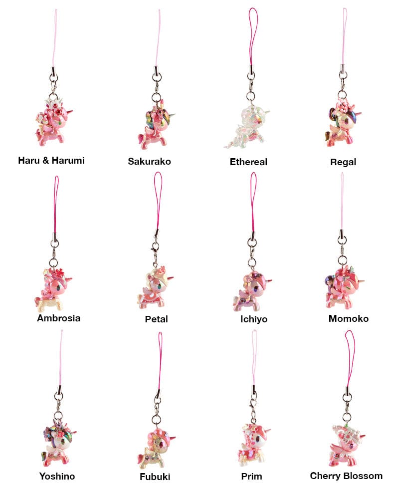 A picture showing several pink unicorn key chains. Each one is labelled their names are Haru & Harumi, Sakurako, Ethereal, Regal, Ambrosia, Petal, Ichiyo, Momoko, Yoshino, Fubuki, Prim, and Cherry Blossom.